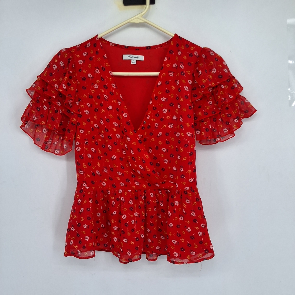 Madewell Sz 0 Red Floral Ruffle Blouse